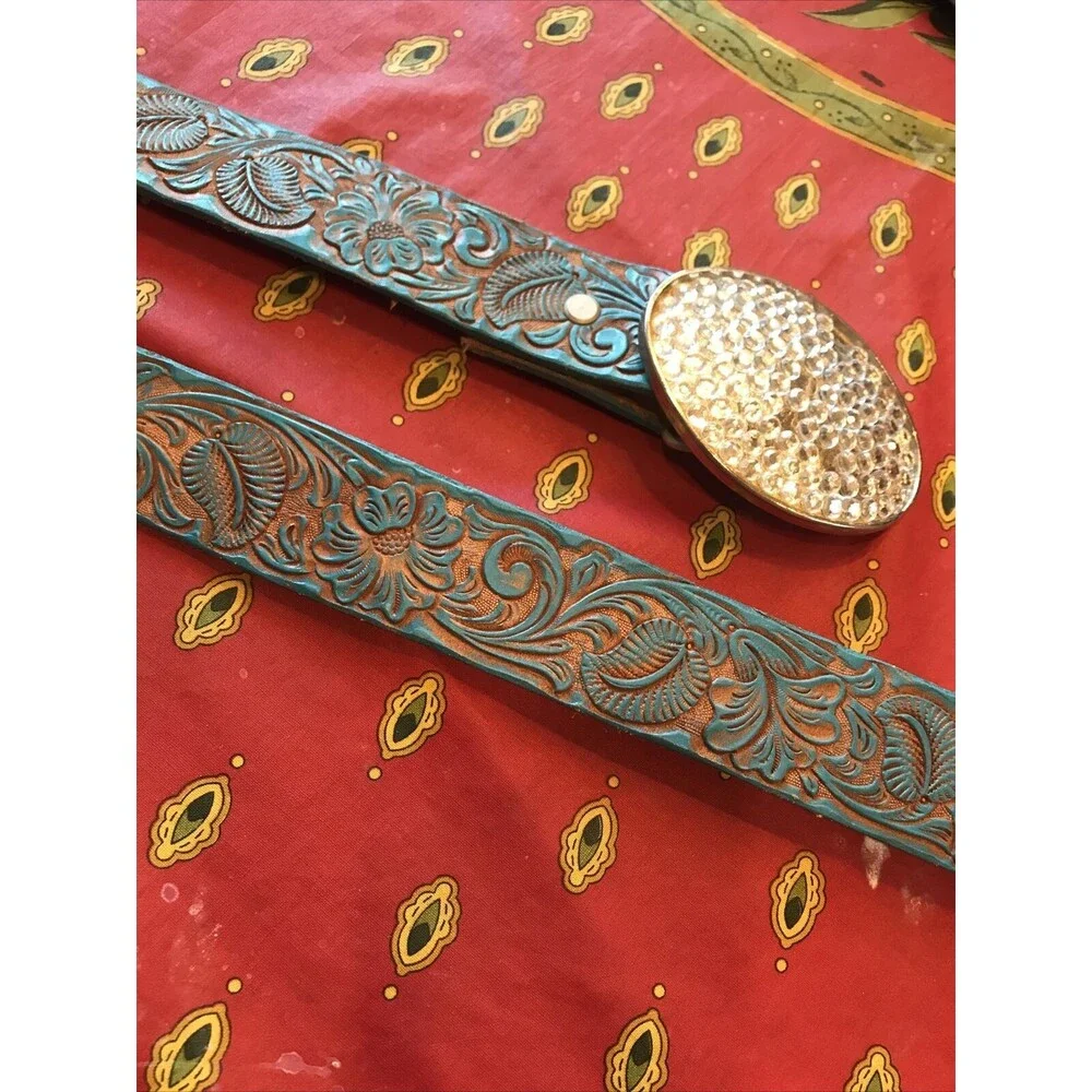 Women Western Turquoise Belt Silver Metal Round Rhinestone Bling Buckle 31-35”